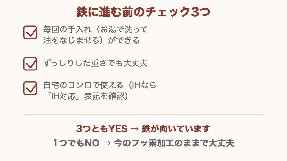 鉄フライパンに進む前のチェック3つ（手入れ・重さ・IH対応）のチェックリスト