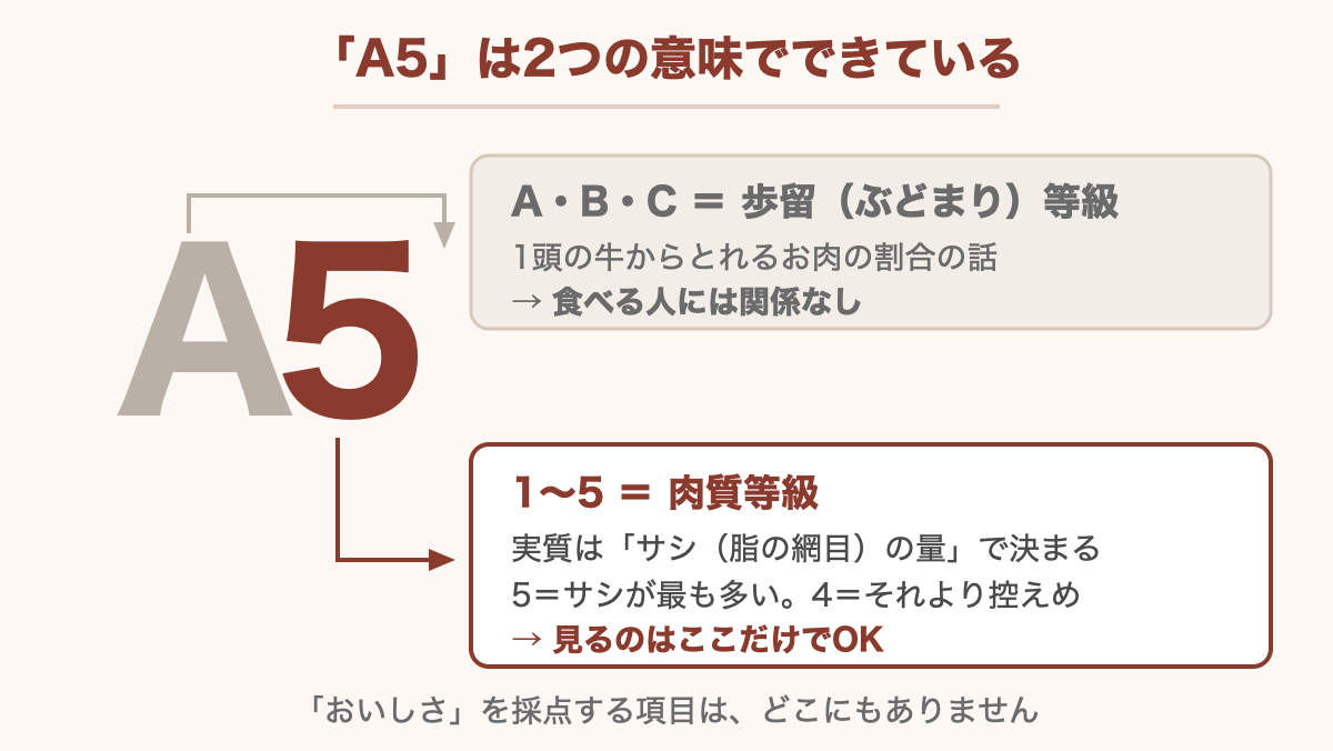A5は2つの意味でできている。A・B・Cは歩留等級で食べる人には関係なし、1〜5は肉質等級でサシの量を表す
