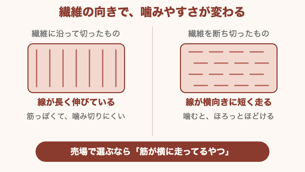 売り場で見るのはここ。線が横向きに短く走っているほうが、噛み切りやすいお肉です