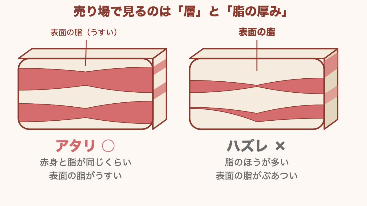 豚バラブロックのアタリとハズレの比較図。アタリは赤身と脂が同じくらいで表面の脂がうすく、ハズレは脂が多く表面の脂がぶあつい